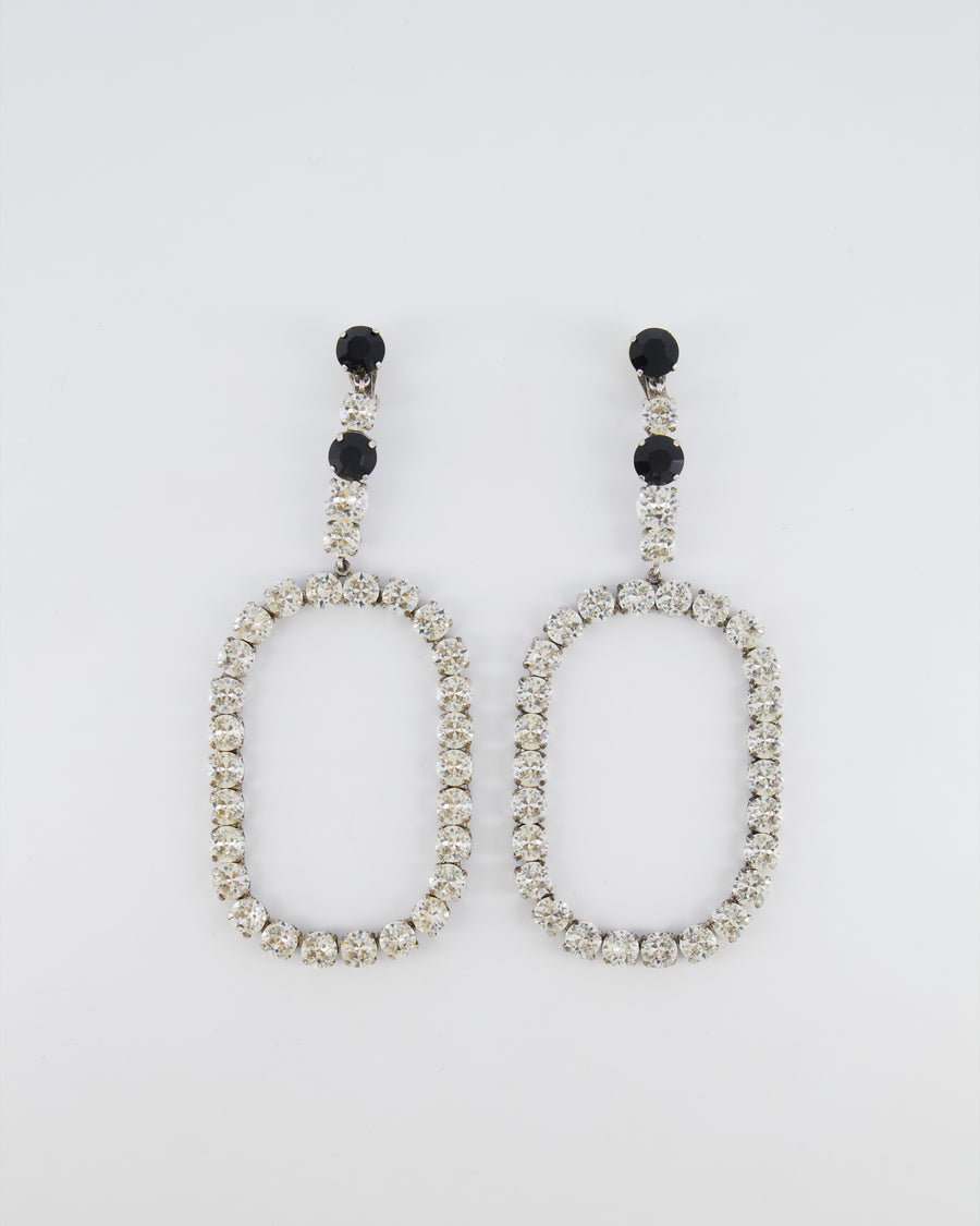 Saint Laurent Silver Crystal Embellished XL Smoking Oval Drop Clip-On Earrings