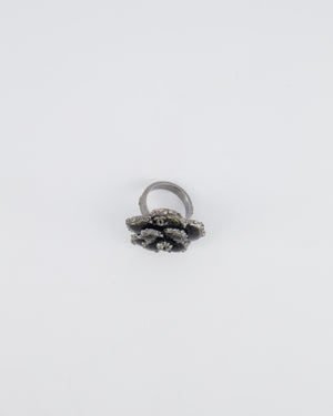 Chanel Dark Silver Camellia Ring with Black Stones and Crystals Embellishments