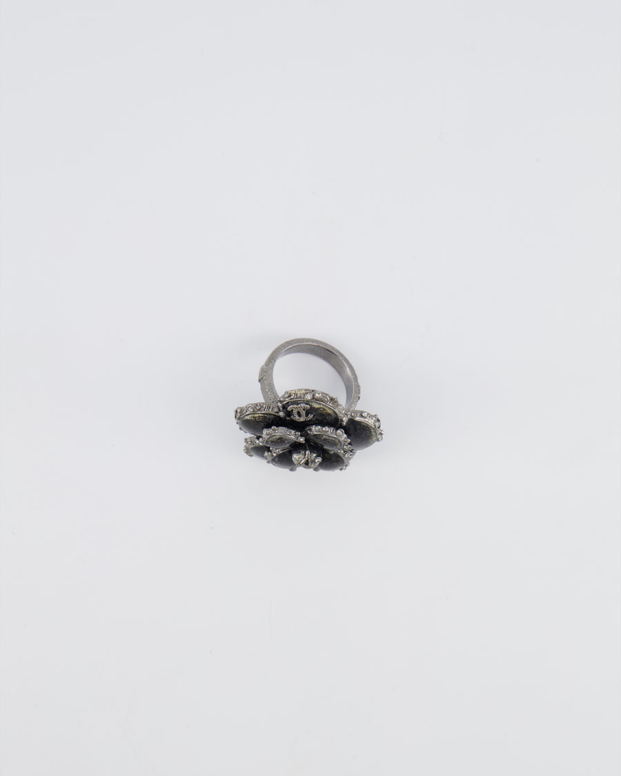 Chanel Dark Silver Camellia Ring with Black Stones and Crystals Embellishments