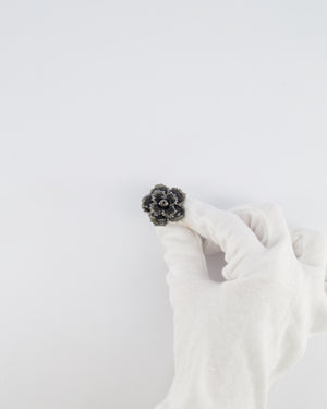 Chanel Dark Silver Camellia Ring with Black Stones and Crystals Embellishments