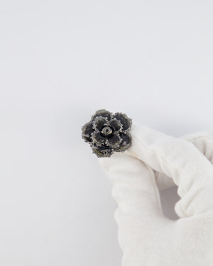 Chanel Dark Silver Camellia Ring with Black Stones and Crystals Embellishments