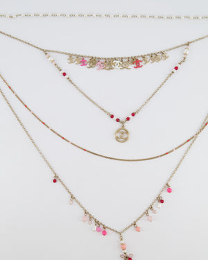 Chanel 19S Gold Multi-Strand Necklace with Pink Beads and Charm Details