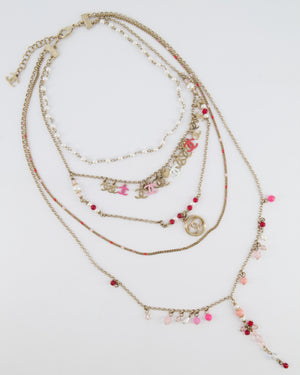 Chanel 19S Gold Multi-Strand Necklace with Pink Beads and Charm Details