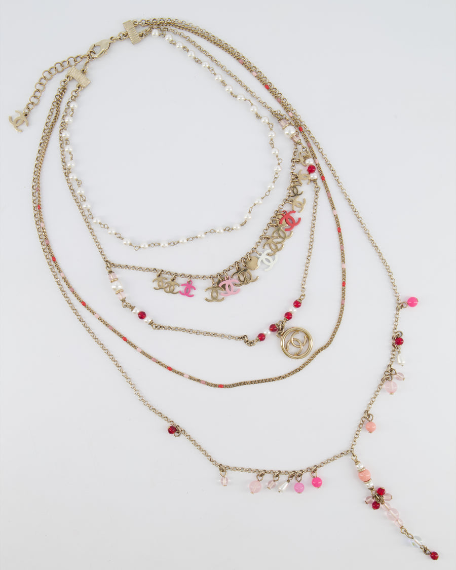 Chanel 19S Gold Multi-Strand Necklace with Pink Beads and Charm Details