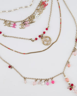 Chanel 19S Gold Multi-Strand Necklace with Pink Beads and Charm Details