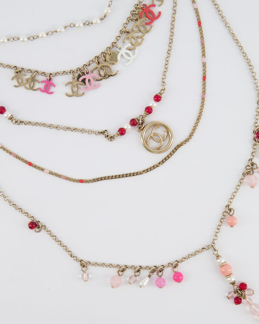 Chanel 19S Gold Multi-Strand Necklace with Pink Beads and Charm Details