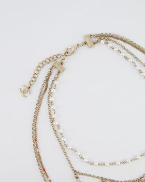 Chanel 19S Gold Multi-Strand Necklace with Pink Beads and Charm Details