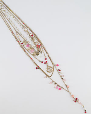 Chanel 19S Gold Multi-Strand Necklace with Pink Beads and Charm Details