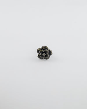 Chanel Dark Silver Camellia Ring with Black Stones and Crystals Embellishments