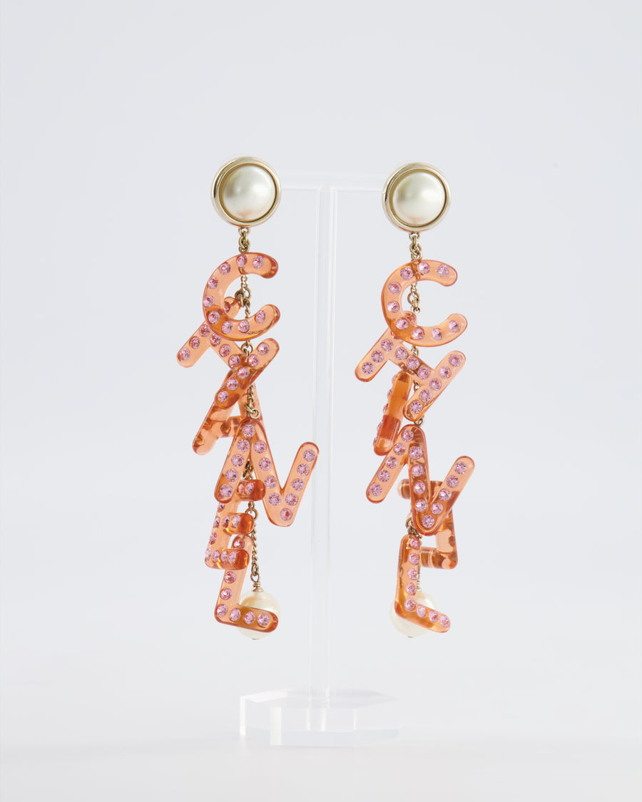Chanel 18K Coral Pink Embellished Letter Drop Earrings with Pearl Details