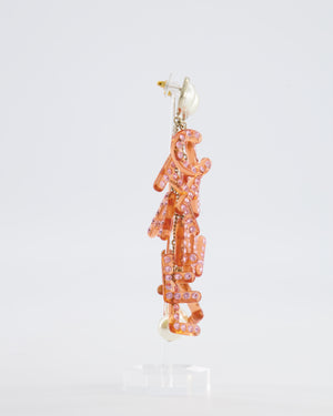 Chanel 18K Coral Pink Embellished Letter Drop Earrings with Pearl Details