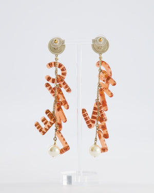 Chanel 18K Coral Pink Embellished Letter Drop Earrings with Pearl Details