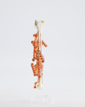 Chanel 18K Coral Pink Embellished Letter Drop Earrings with Pearl Details