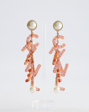 Chanel 18K Coral Pink Embellished Letter Drop Earrings with Pearl Details