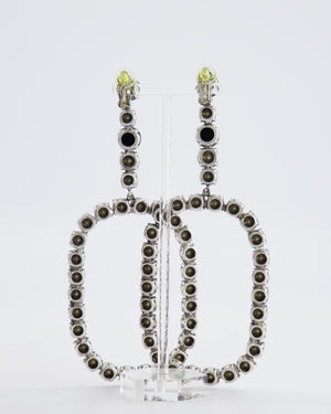 Saint Laurent Silver Crystal Embellished XL Smoking Oval Drop Clip-On Earrings