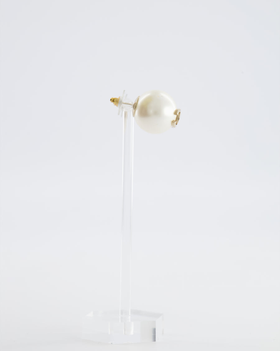 Chanel 16B Pearl Earrings with Gold CC Logo Detail