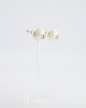 Chanel 16B Pearl Earrings with Gold CC Logo Detail