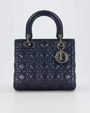 Christian Dior Medium Lady Dior Bag in Metallic Deep Blue Crinkled Lambskin Leather with Ruthenium Hardware