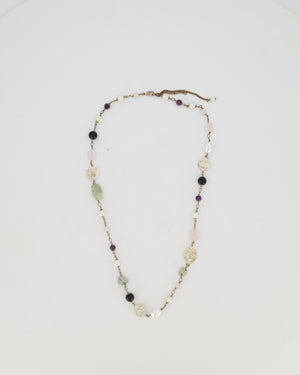 Chanel 16A Purple and Green Long Beaded Silver Necklace with Faux Pearls and CC Logo Details