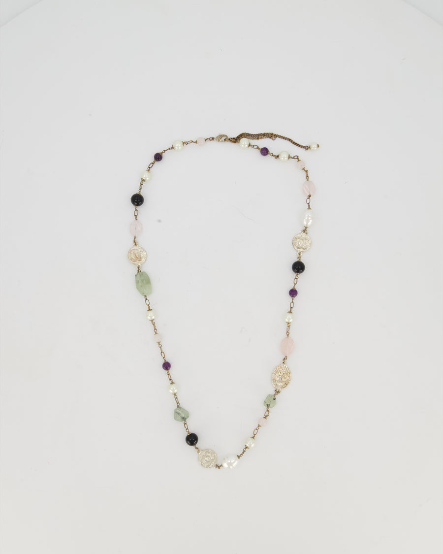 Chanel 16A Purple and Green Long Beaded Silver Necklace with Faux Pearls and CC Logo Details