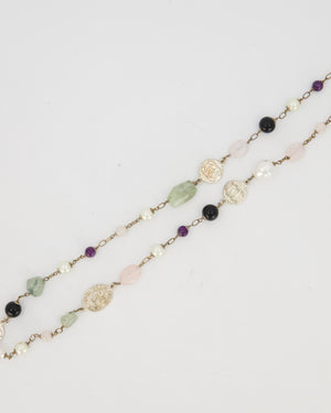 Chanel 16A Purple and Green Long Beaded Silver Necklace with Faux Pearls and CC Logo Details