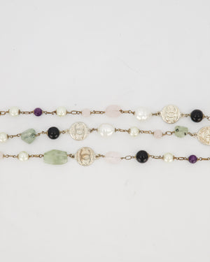 Chanel 16A Purple and Green Long Beaded Silver Necklace with Faux Pearls and CC Logo Details