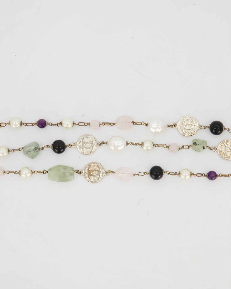 Chanel 16A Purple and Green Long Beaded Silver Necklace with Faux Pearls and CC Logo Details