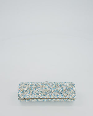 Rodo Blue and White Vintage Cylinder Crystal Minaudiere Clutch bag with Silver Hardware and Crystal Clasp Detail