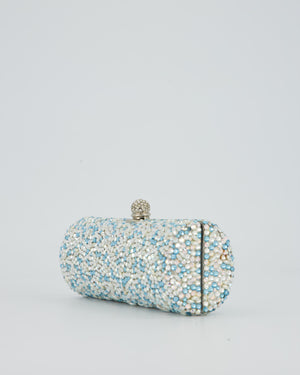 Rodo Blue and White Vintage Cylinder Crystal Minaudiere Clutch bag with Silver Hardware and Crystal Clasp Detail