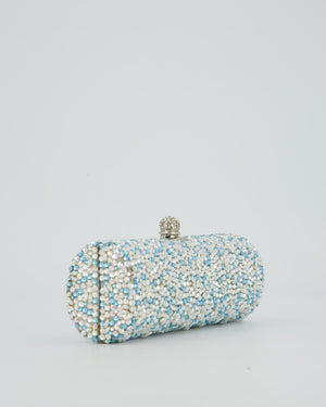 Rodo Blue and White Vintage Cylinder Crystal Minaudiere Clutch bag with Silver Hardware and Crystal Clasp Detail