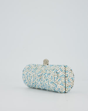 Rodo Blue and White Vintage Cylinder Crystal Minaudiere Clutch bag with Silver Hardware and Crystal Clasp Detail