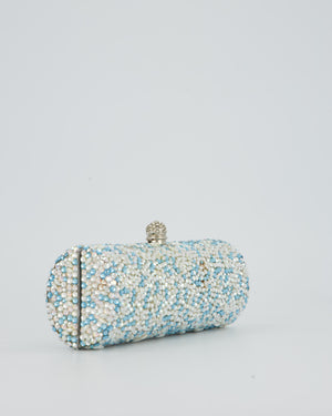 Rodo Blue and White Vintage Cylinder Crystal Minaudiere Clutch bag with Silver Hardware and Crystal Clasp Detail
