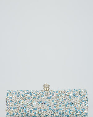 Rodo Blue and White Vintage Cylinder Crystal Minaudiere Clutch bag with Silver Hardware and Crystal Clasp Detail