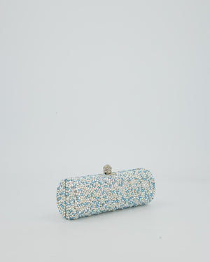 Rodo Blue and White Vintage Cylinder Crystal Minaudiere Clutch bag with Silver Hardware and Crystal Clasp Detail