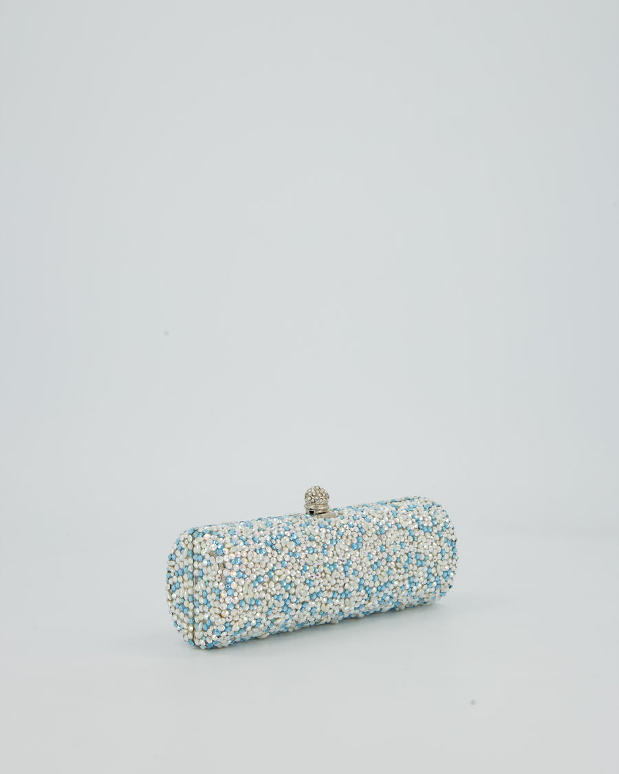 Rodo Blue and White Vintage Cylinder Crystal Minaudiere Clutch bag with Silver Hardware and Crystal Clasp Detail