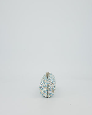 Rodo Blue and White Vintage Cylinder Crystal Minaudiere Clutch bag with Silver Hardware and Crystal Clasp Detail