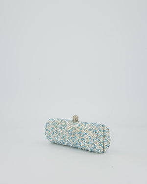 Rodo Blue and White Vintage Cylinder Crystal Minaudiere Clutch bag with Silver Hardware and Crystal Clasp Detail