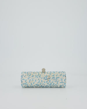 Rodo Blue and White Vintage Cylinder Crystal Minaudiere Clutch bag with Silver Hardware and Crystal Clasp Detail
