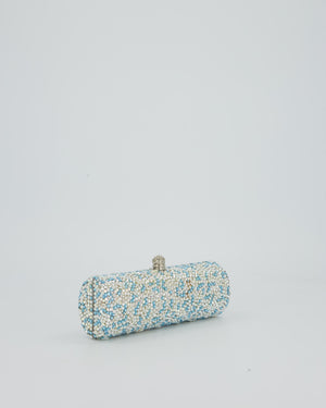Rodo Blue and White Vintage Cylinder Crystal Minaudiere Clutch bag with Silver Hardware and Crystal Clasp Detail