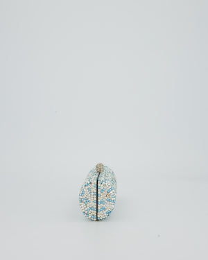 Rodo Blue and White Vintage Cylinder Crystal Minaudiere Clutch bag with Silver Hardware and Crystal Clasp Detail