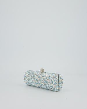 Rodo Blue and White Vintage Cylinder Crystal Minaudiere Clutch bag with Silver Hardware and Crystal Clasp Detail