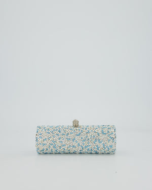 Rodo Blue and White Vintage Cylinder Crystal Minaudiere Clutch bag with Silver Hardware and Crystal Clasp Detail