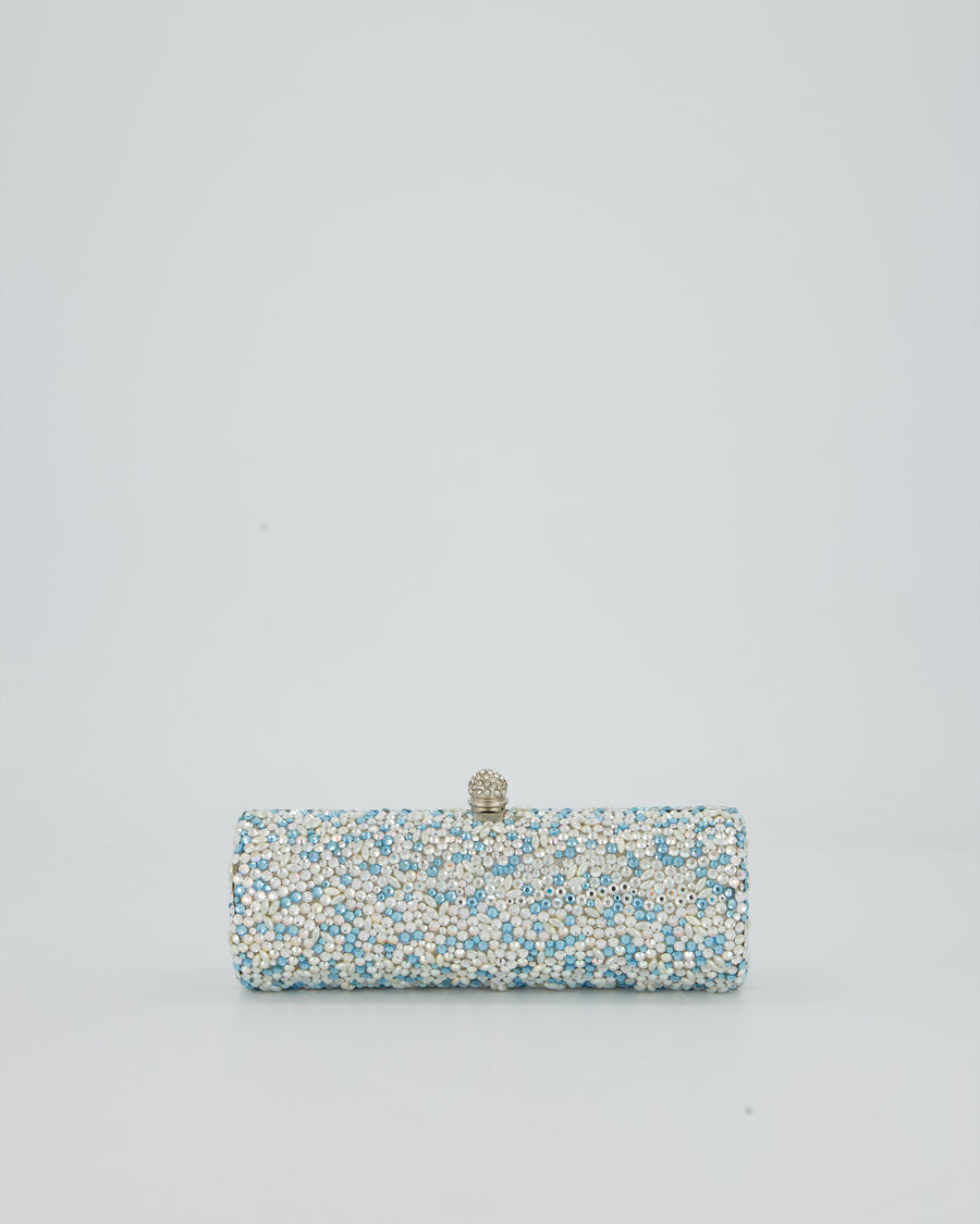 Rodo Blue and White Vintage Cylinder Crystal Minaudiere Clutch bag with Silver Hardware and Crystal Clasp Detail