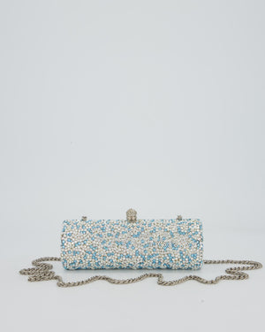 Rodo Blue and White Vintage Cylinder Crystal Minaudiere Clutch bag with Silver Hardware and Crystal Clasp Detail