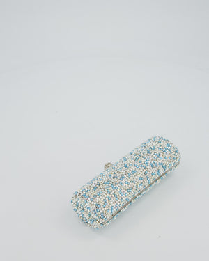 Rodo Blue and White Vintage Cylinder Crystal Minaudiere Clutch bag with Silver Hardware and Crystal Clasp Detail