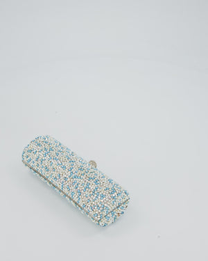 Rodo Blue and White Vintage Cylinder Crystal Minaudiere Clutch bag with Silver Hardware and Crystal Clasp Detail