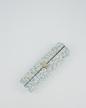 Rodo Blue and White Vintage Cylinder Crystal Minaudiere Clutch bag with Silver Hardware and Crystal Clasp Detail