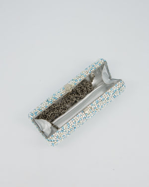Rodo Blue and White Vintage Cylinder Crystal Minaudiere Clutch bag with Silver Hardware and Crystal Clasp Detail