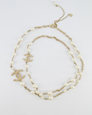 Chanel 15V Pearl Long Necklace with Gold Crystal Embellished Twisted CC Logo Detail