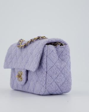 Chanel Lilac Tweed Mini Rectangular Single Flap Bag with Champagne Gold Hardware and Salmon Interior